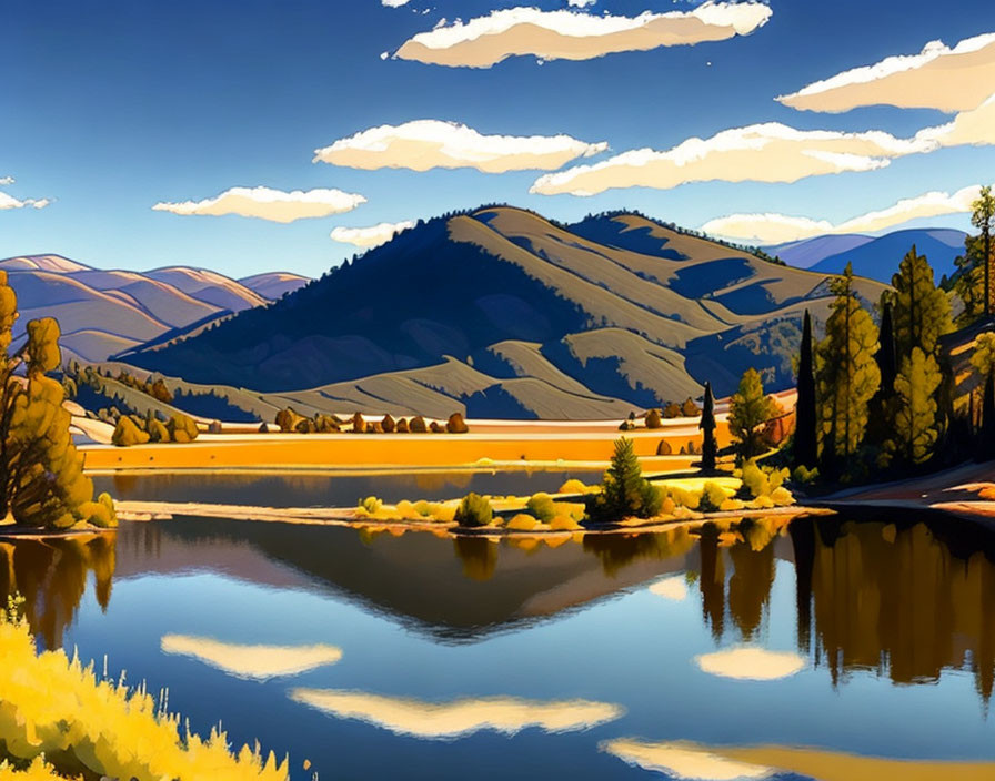 Serene landscape with rolling hills, reflective water & golden trees