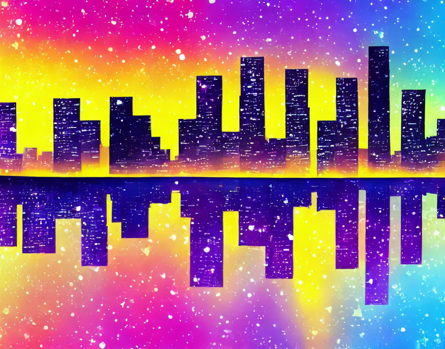 Colorful City Skyline Reflection on Water Surface Under Starry Sky