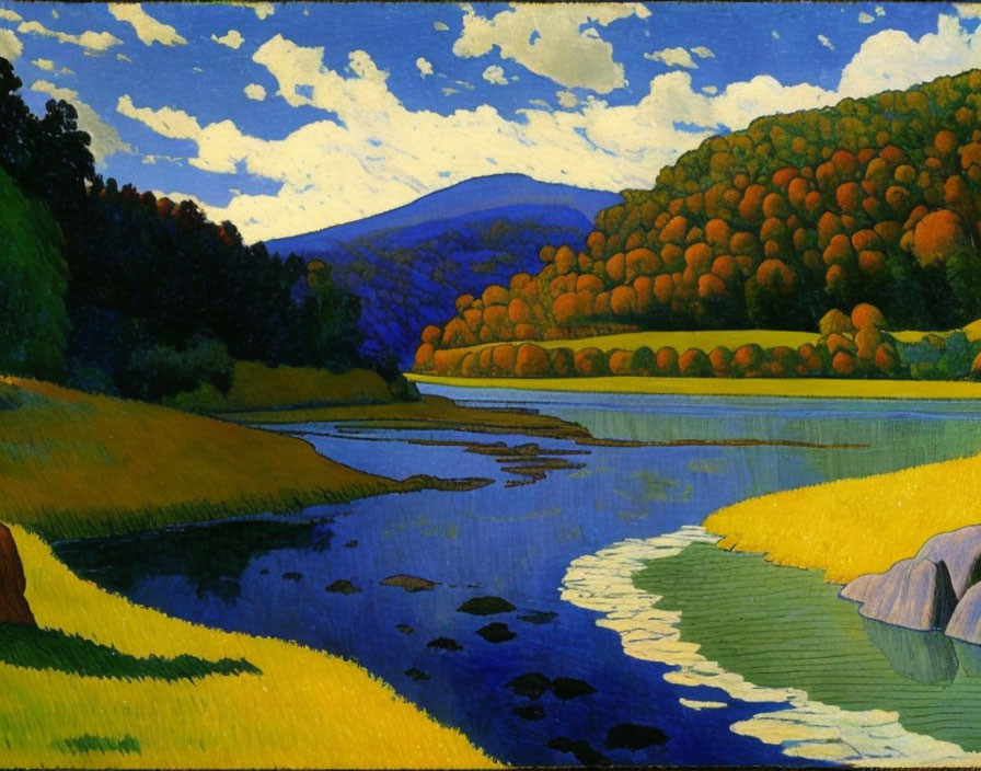 Colorful Fall Foliage Surrounding Blue River in Landscape Painting