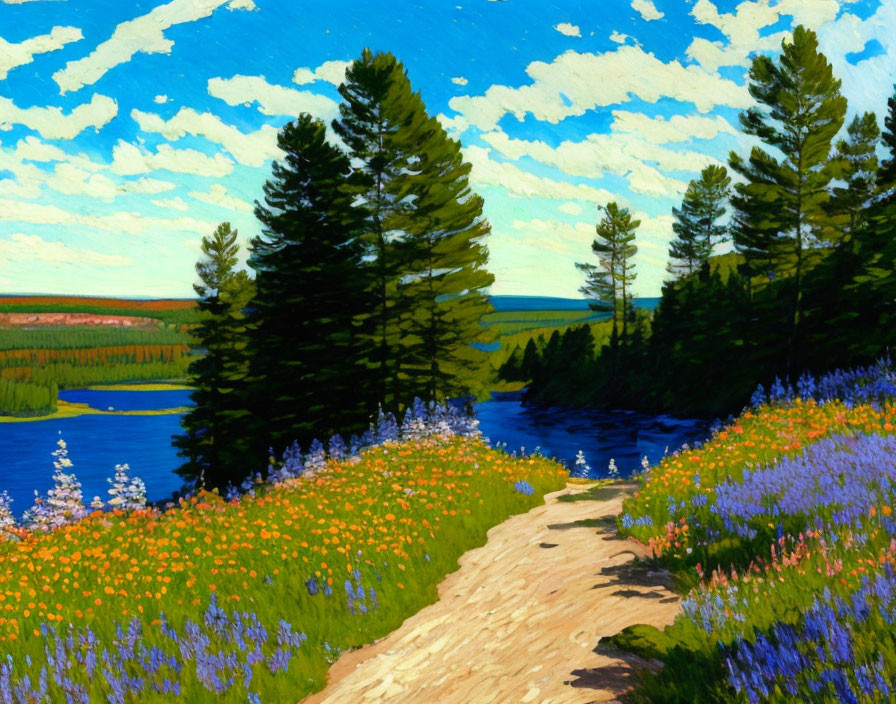 Scenic nature trail painting with river, pine trees, wildflowers, and blue sky.