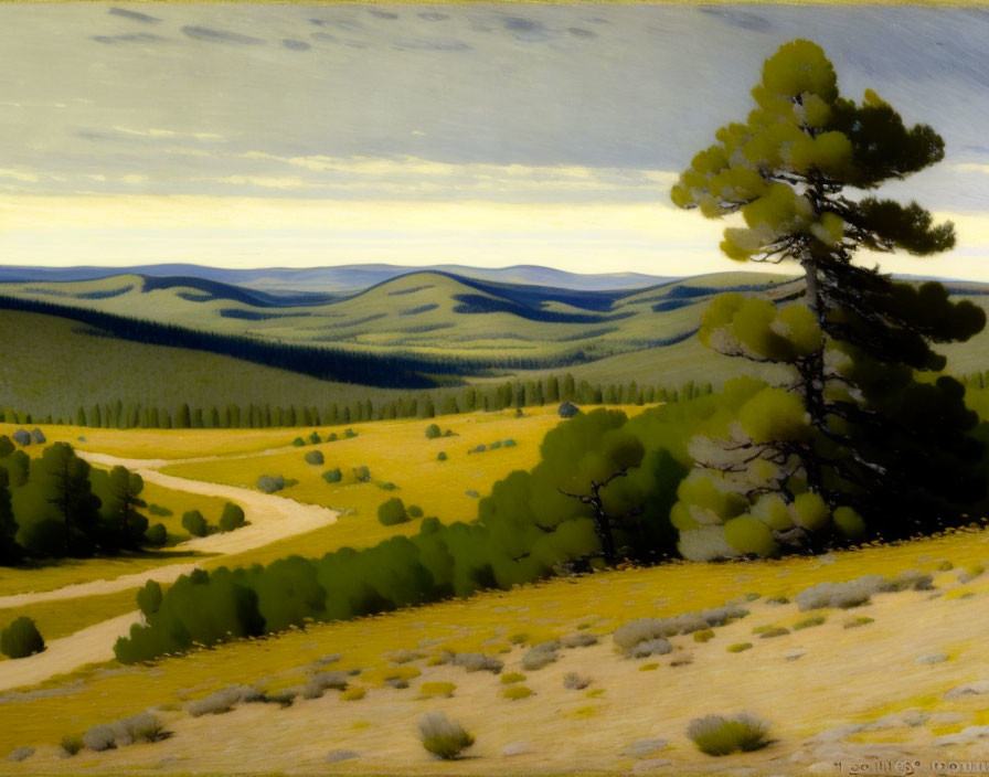 Tranquil landscape with lone pine tree, rolling hills, and winding river