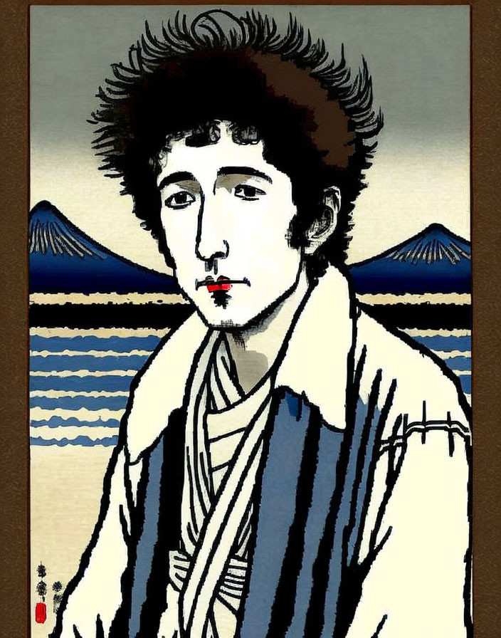 Stylized portrait of person with afro in striped robe against mountain backdrop
