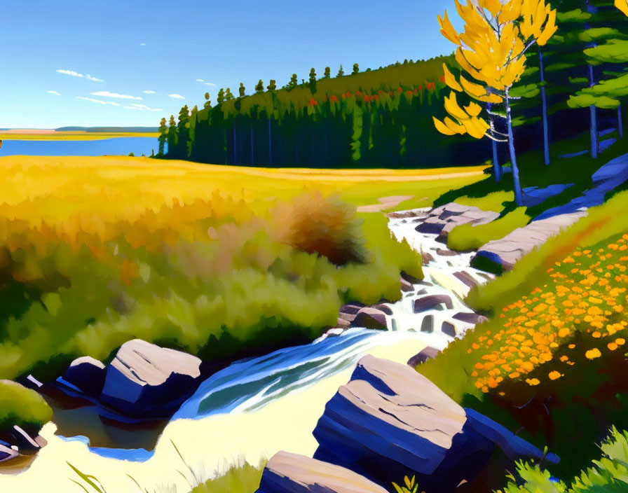 Vibrant autumn landscape with cascading stream and yellow tree
