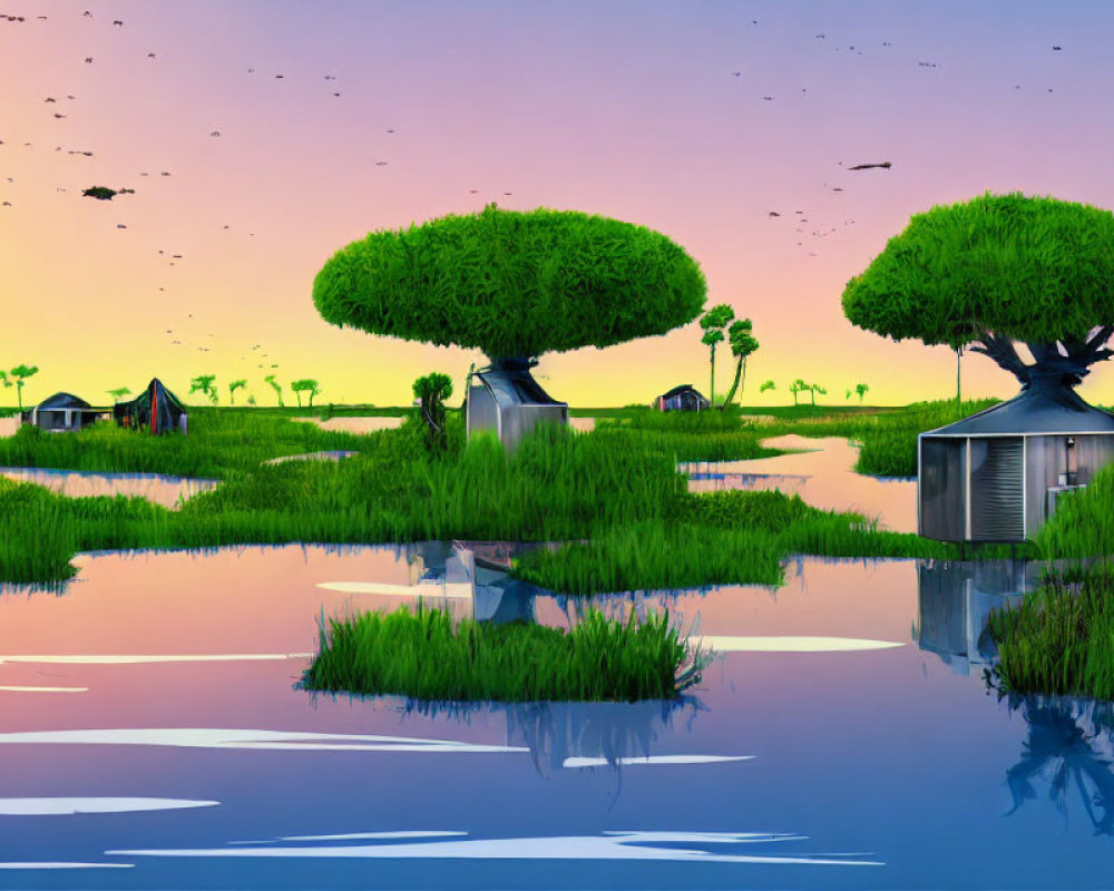 Tranquil landscape with reflective waters, vibrant skies, lush greenery, unique tree silhouettes