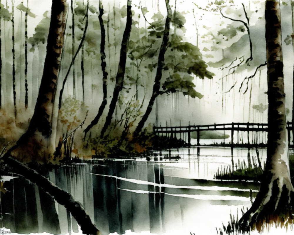 Serene forest scene with tall trees, calm lake, and wooden bridge
