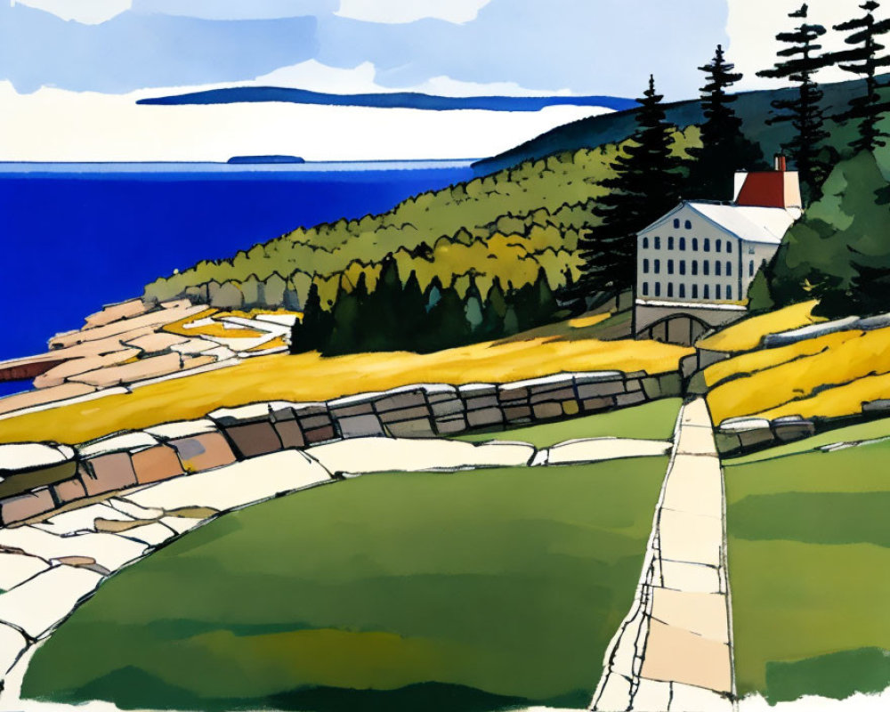 Illustration of Coastal Landscape with House, Greenery, Path, Fields, and Sea