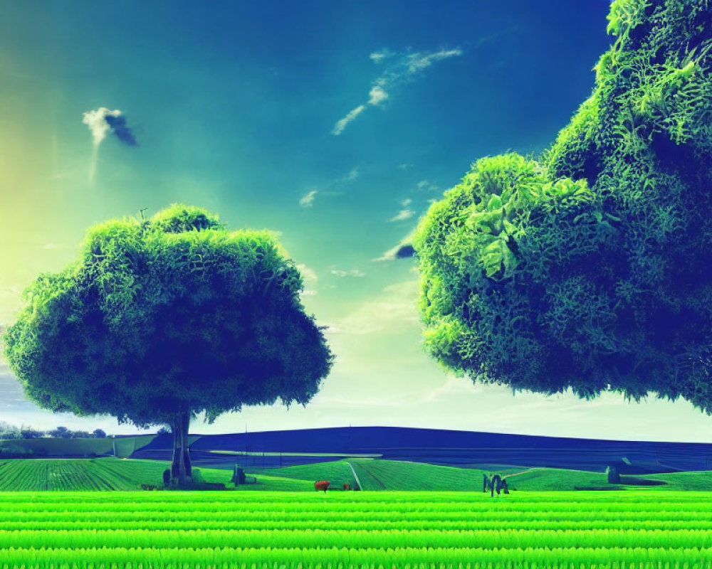 Vibrant green landscape with colorful fields and dense trees