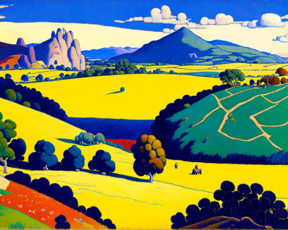 Colorful landscape with rolling hills, trees, and mountains under a blue sky