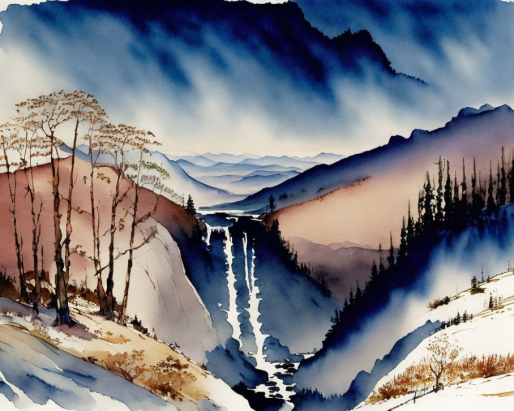 Snowy Mountain Landscape Watercolor Painting with River and Blue Skies