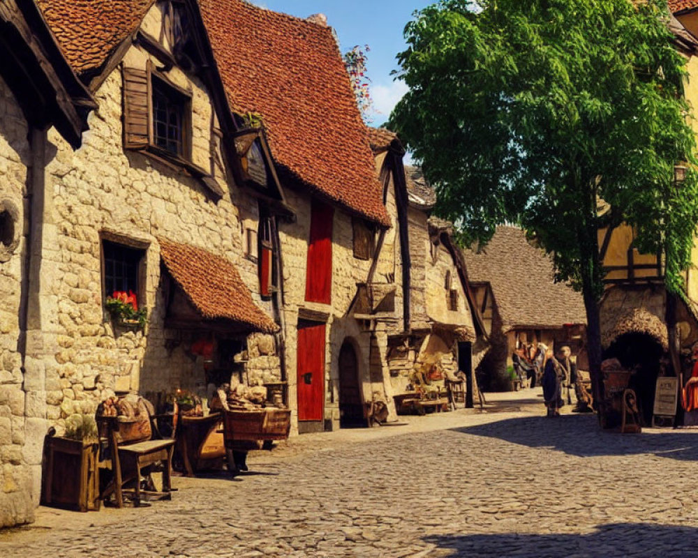 Medieval Village Scene with Cobblestone Streets and Rustic Houses