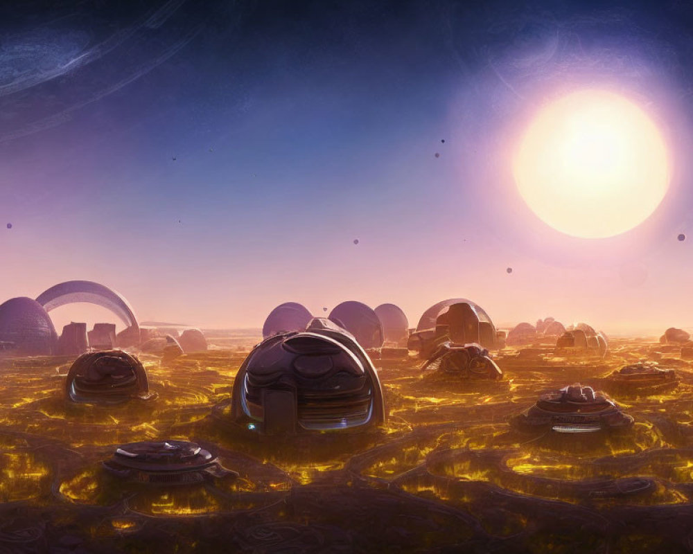 Futuristic sci-fi landscape with glowing sun, alien domes, and purple sky