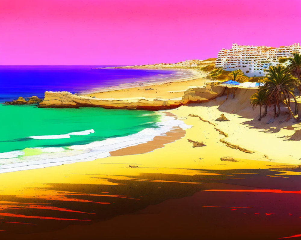 Colorful Beach Scene with Pink Sky, Blue Ocean, Palm Trees, and White Buildings