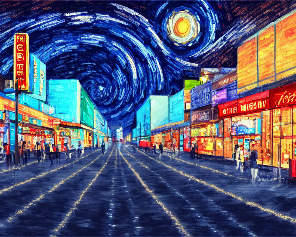 Night street scene with starry sky and neon-lit shops and pedestrians