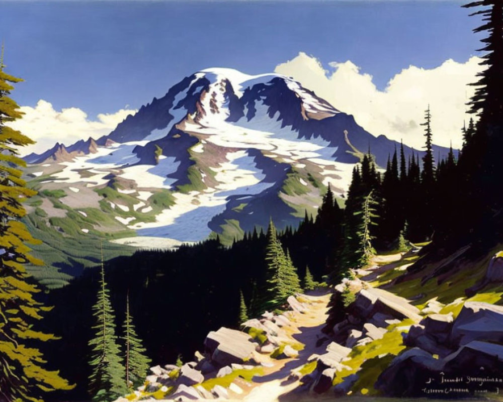 Scenic painting of snow-capped mountain in forest landscape
