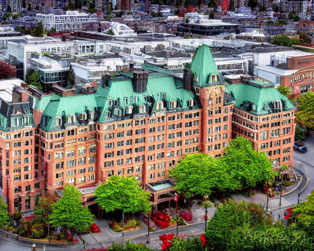 Historic red-brick hotel with green copper roofs in vibrant HDR.