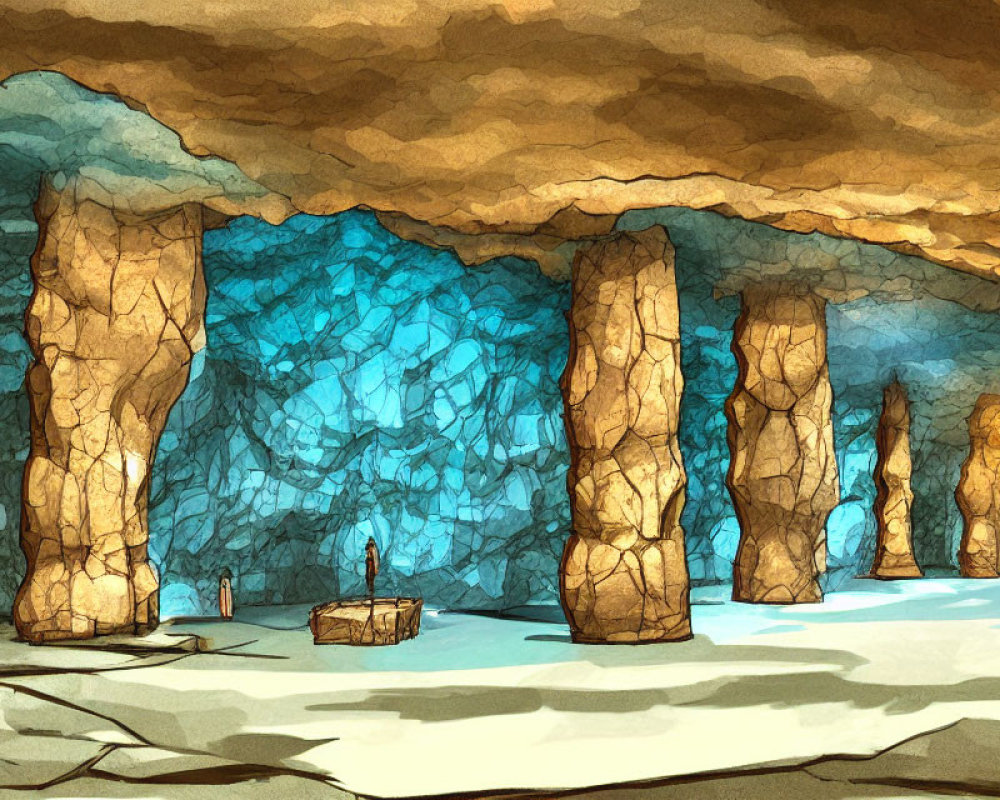 Illustrated cavern with towering pillars, stalactites, stalagmites, and wooden crate.