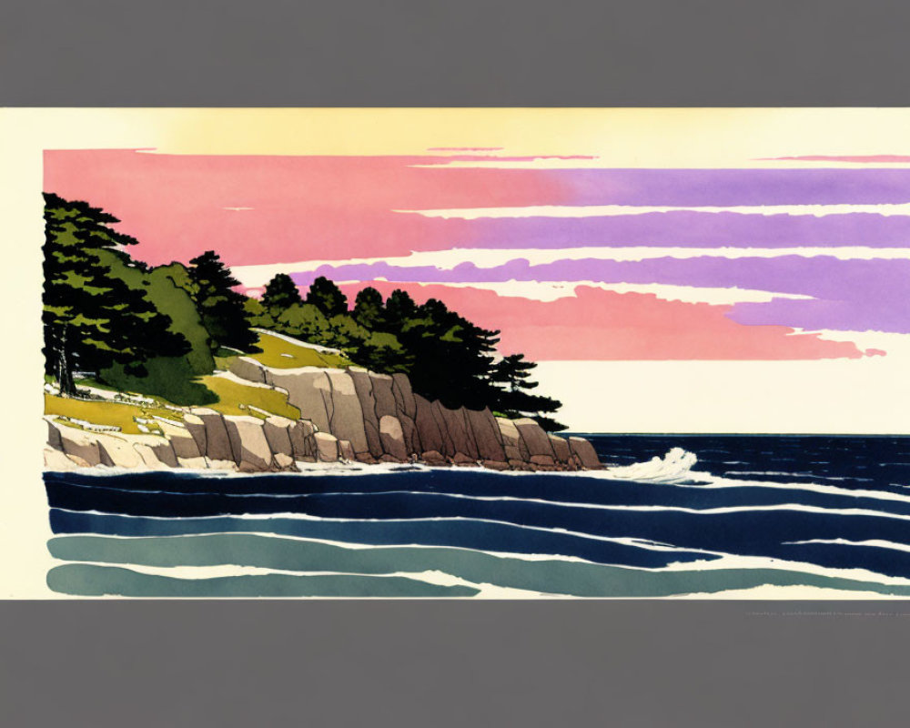 Coastal scene illustration: waves, rocky cliff, pink and purple sunset sky