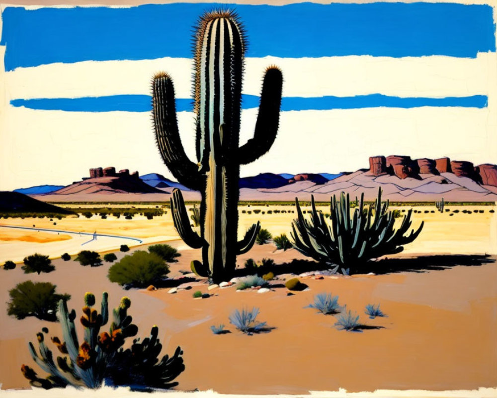 Colorful desert painting with cactus, mountains, and striped skies