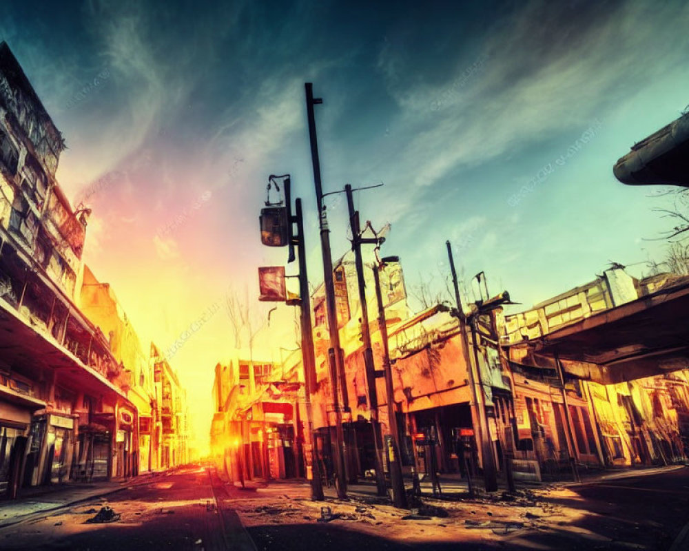 Post-apocalyptic cityscape with abandoned buildings and intense sunlight at sunset