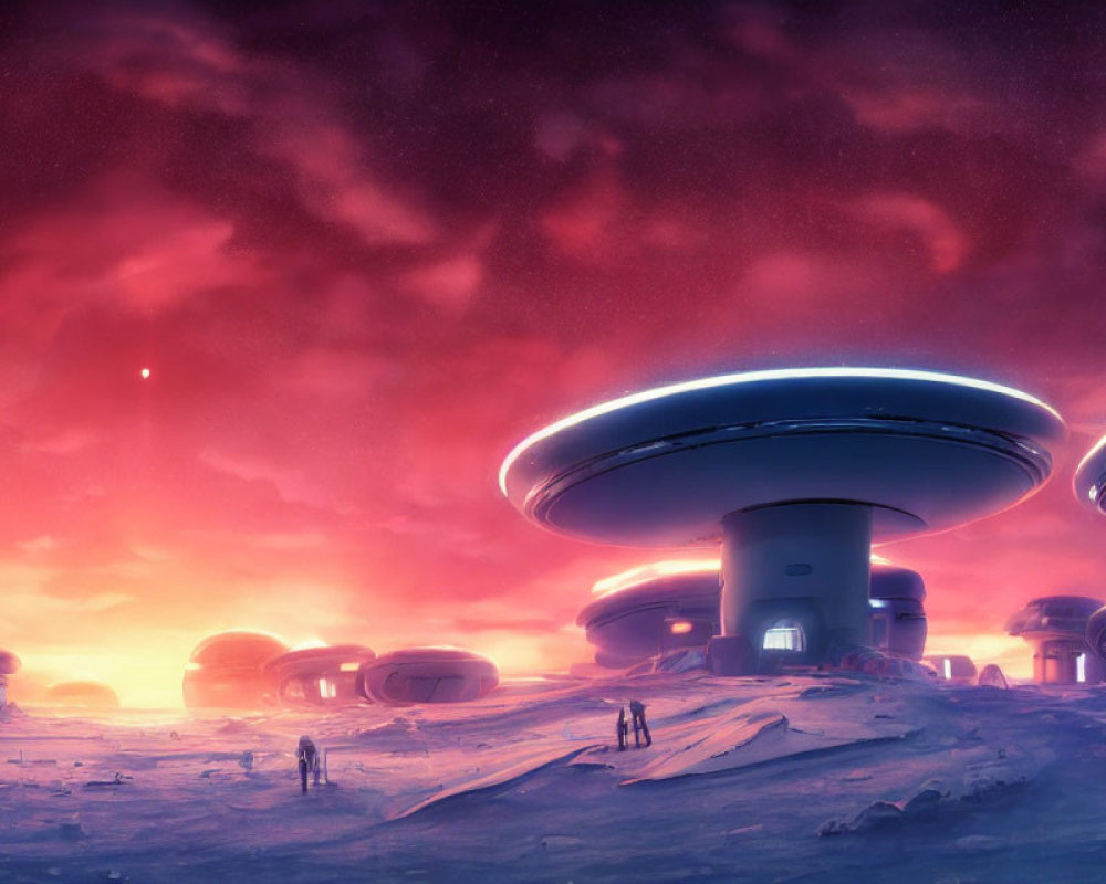 Futuristic city with dome-shaped structures under purple-pink sky