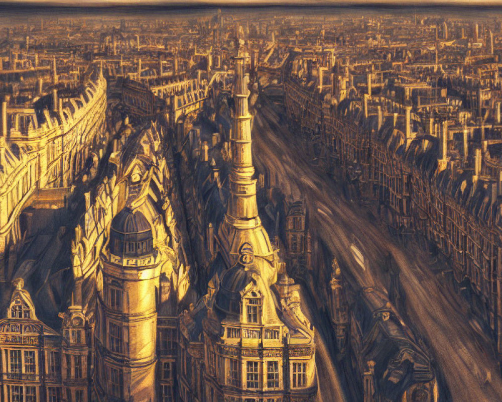 Detailed Sepia Cityscape Illustration with Intricate Architectures