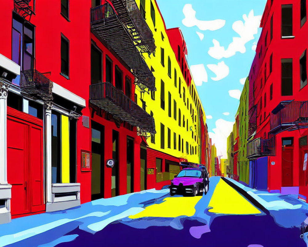 Colorful urban street illustration with red and yellow buildings, blue sky, clouds, and police car.