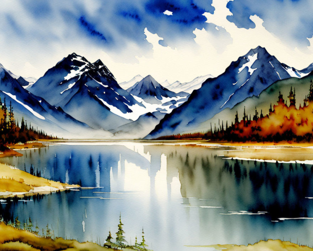 Serene mountain landscape with reflective lake in vibrant watercolor
