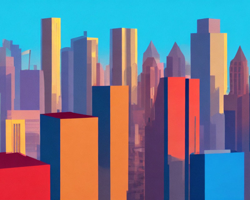 Vibrant city skyline illustration with diverse buildings under blue sky