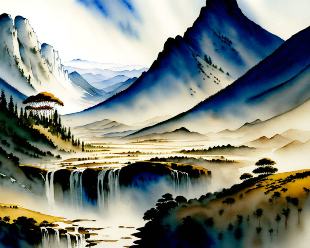 Tranquil Watercolor Painting of Waterfalls and Scenic Landscape