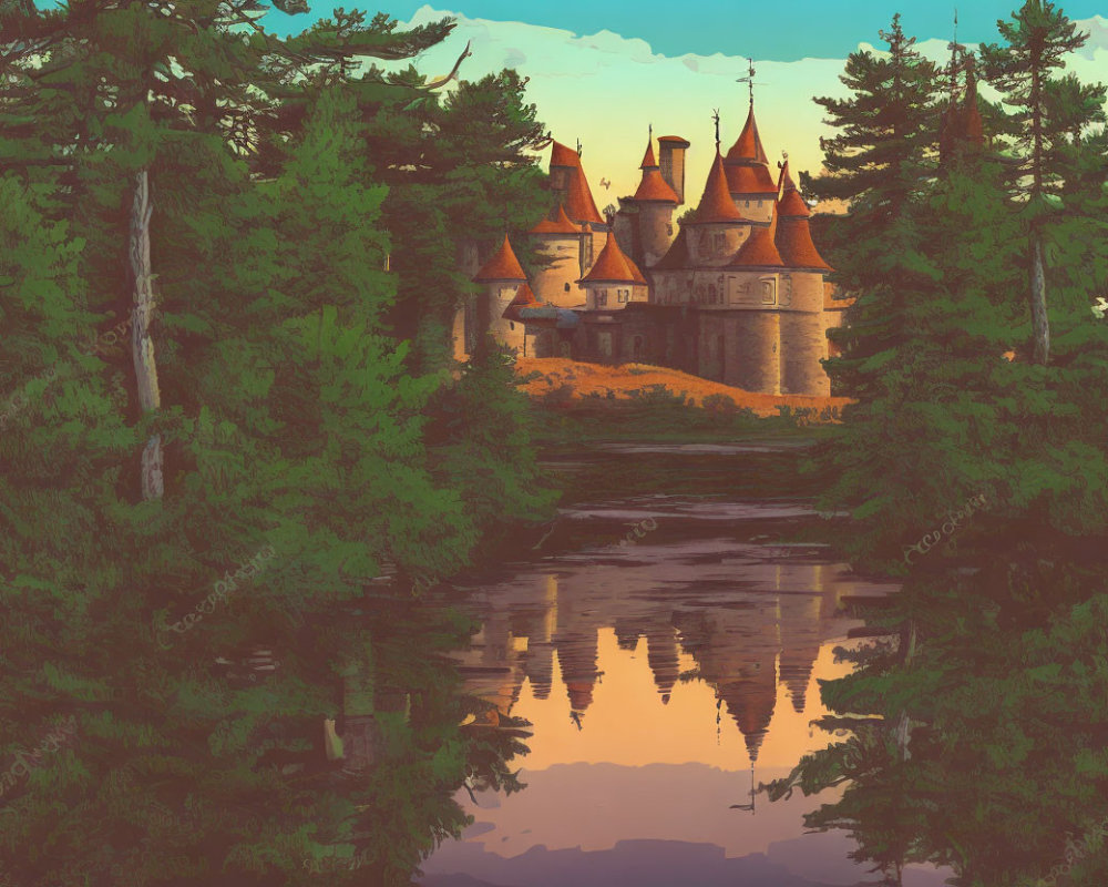Castle with multiple spires in forest by serene lake at sunset