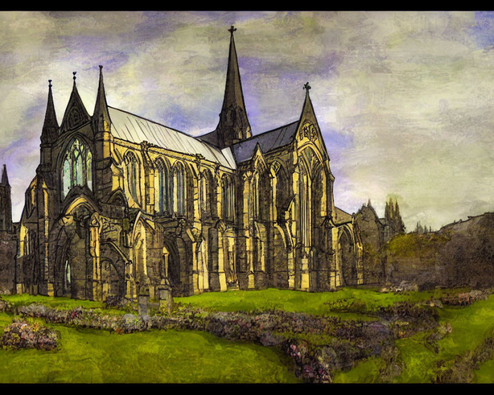 Gothic Cathedral with Pointed Arches and Flying Buttresses in Grassy Landscape