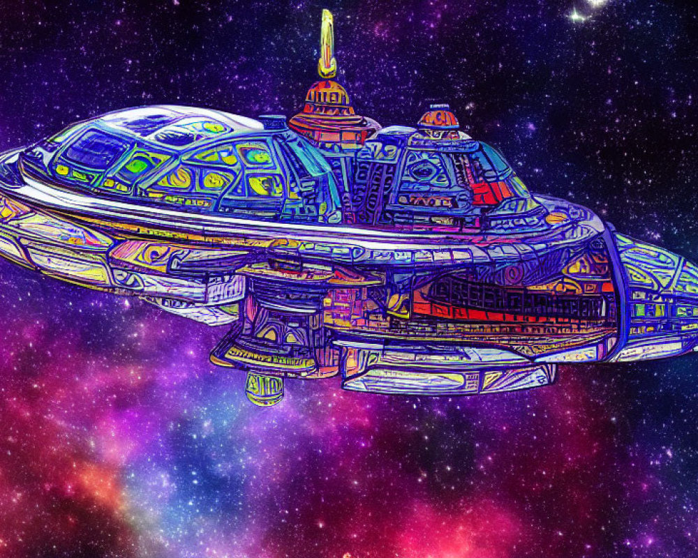 Detailed Futuristic Spaceship Illustration in Vibrant Colors