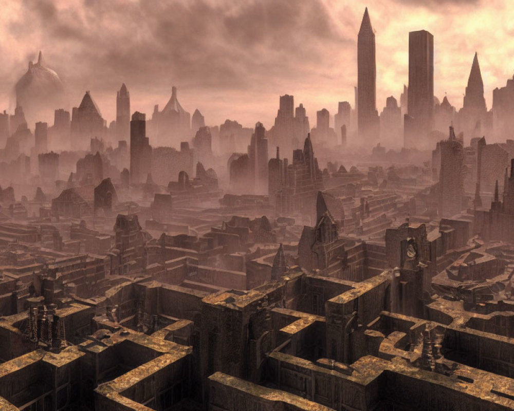 Dystopian cityscape with smog-covered high-rise buildings