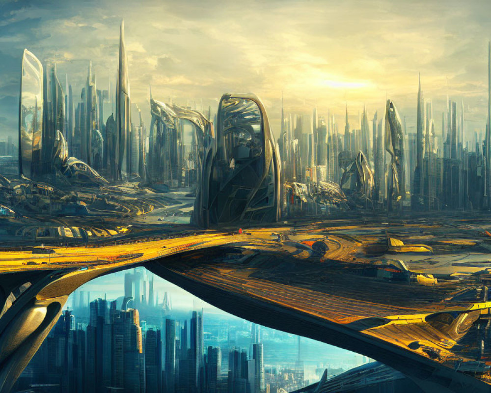 Futuristic cityscape with towering skyscrapers and luminous sky