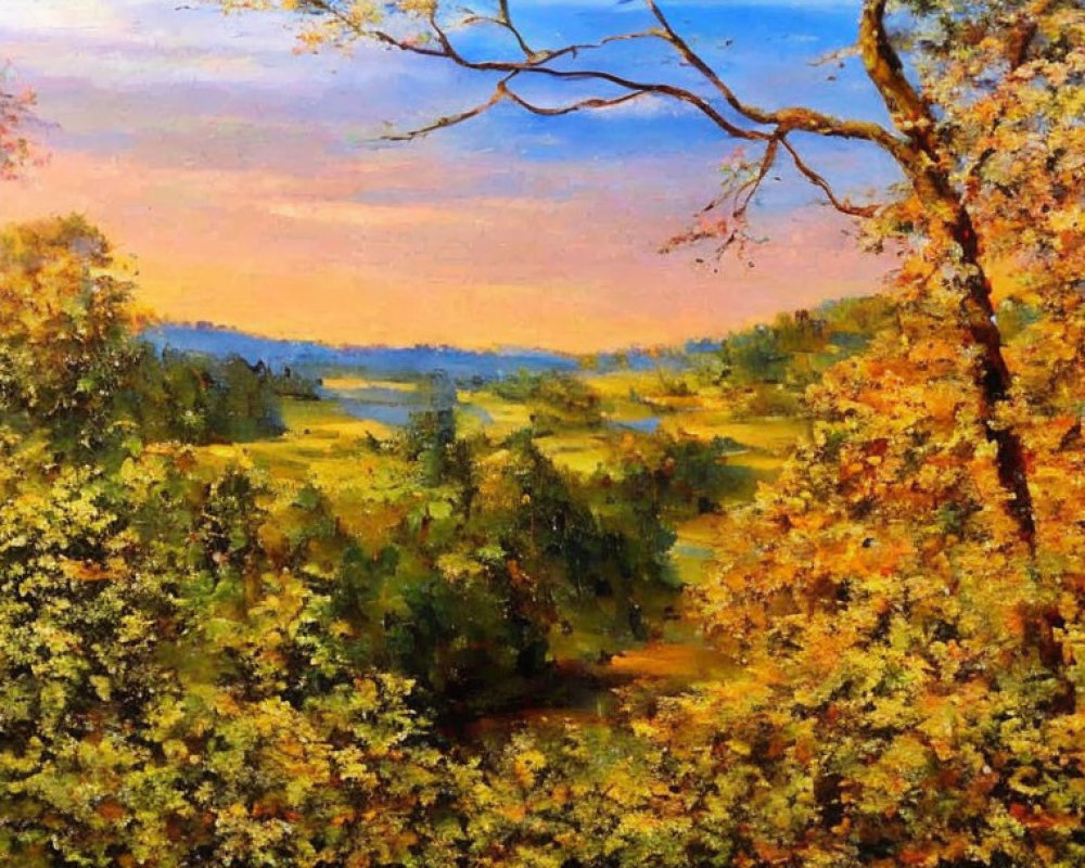 Vibrant autumn landscape with lush trees and tranquil sky