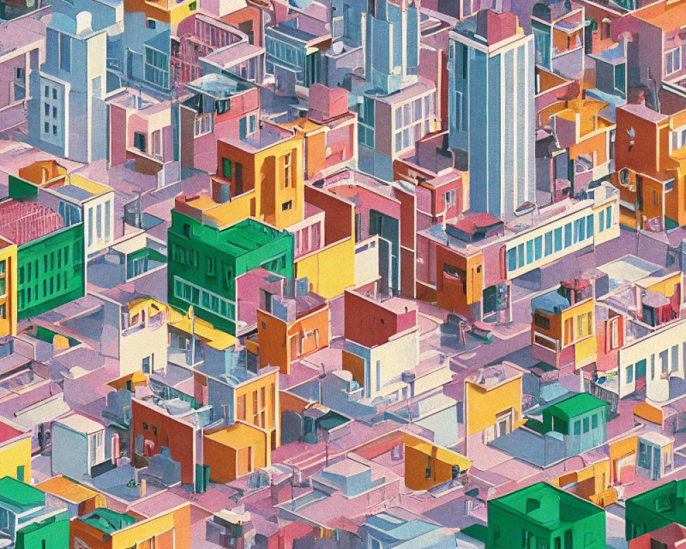 Vibrant Isometric Urban Area Illustration with Diverse Buildings
