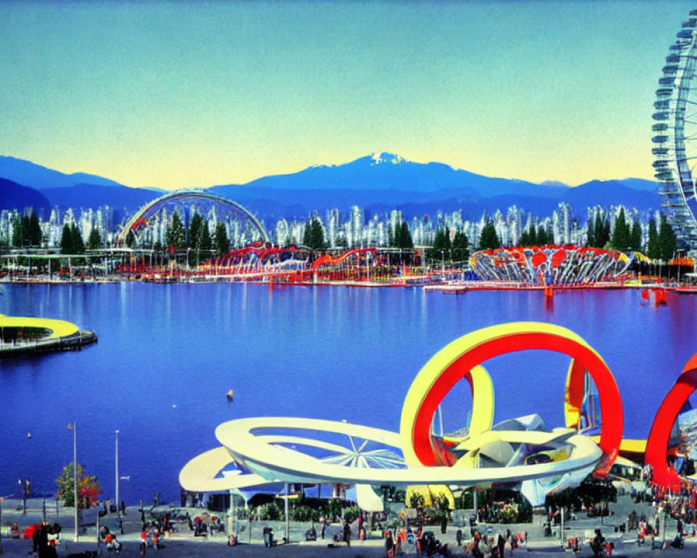 Colorful park with Ferris wheel, red sculptures, and mountain backdrop.