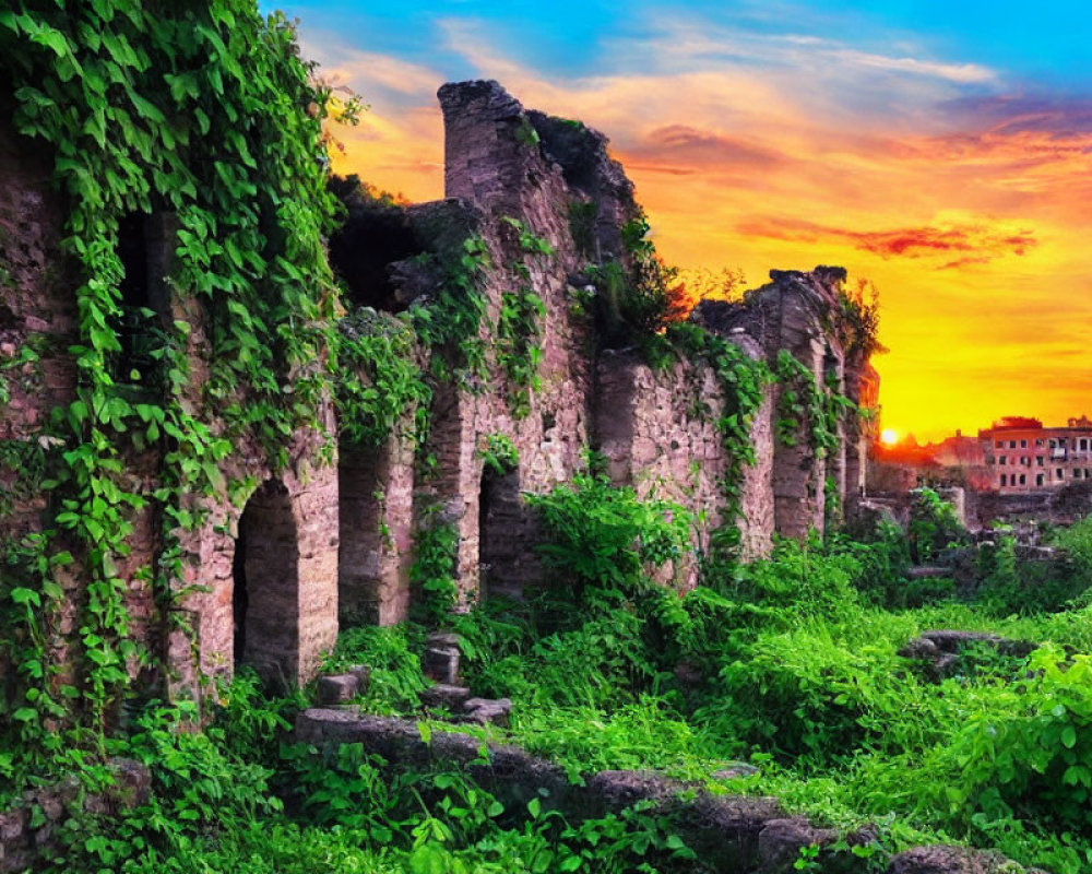 Overgrown ancient ruins at sunset with vibrant sky