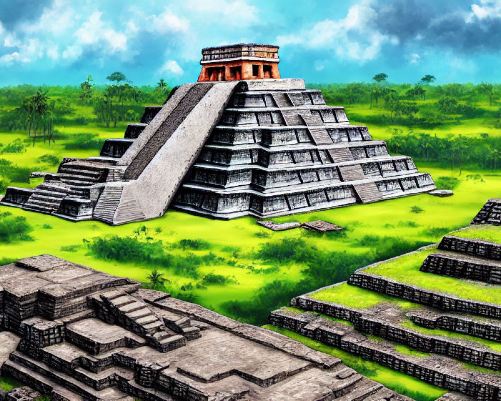 Ancient Mesoamerican Step Pyramid in Lush Green Landscape