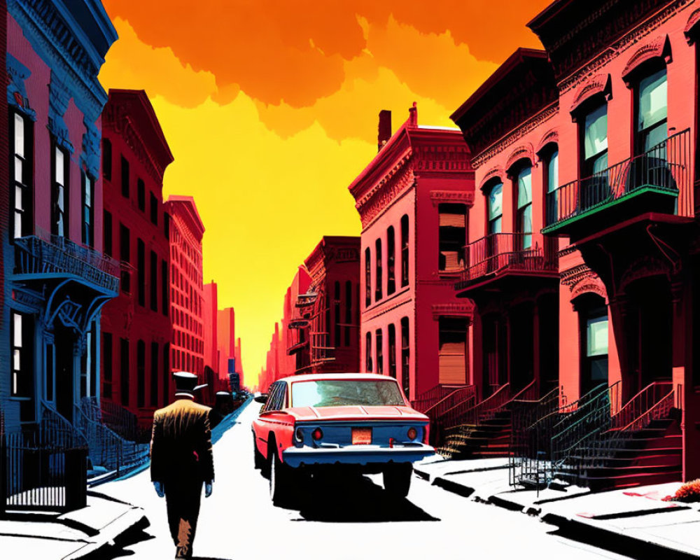 Illustration of person walking on vibrant street with colorful buildings and classic car
