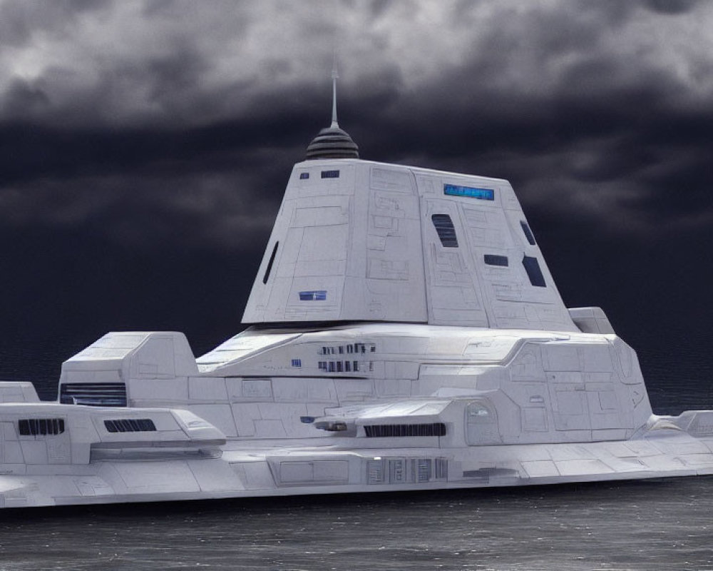 Futuristic white boat under stormy sky