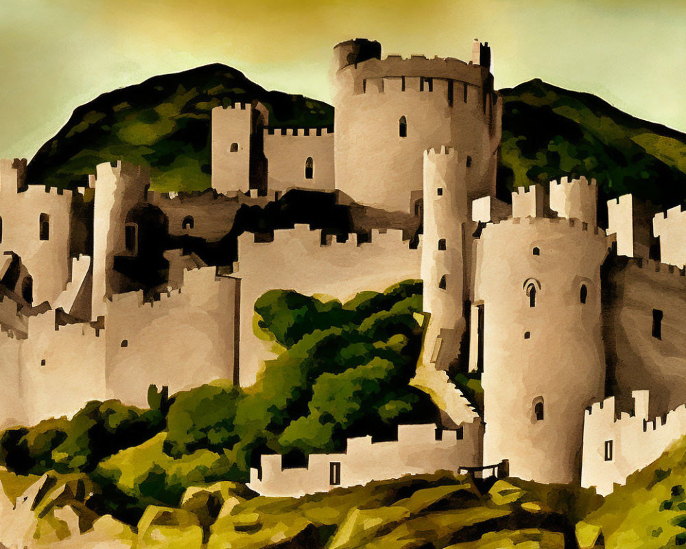 Imposing Castle Painting with Multiple Towers and Green Mountains