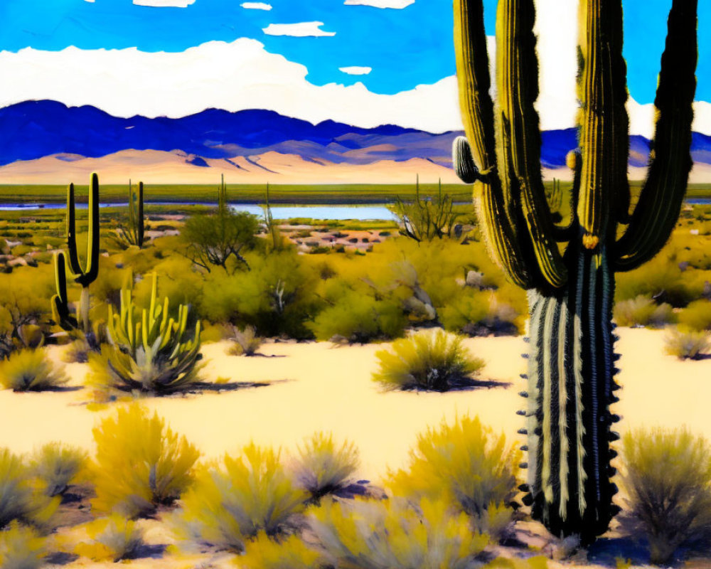 Desert landscape with cacti, shrubs, and mountains under blue sky