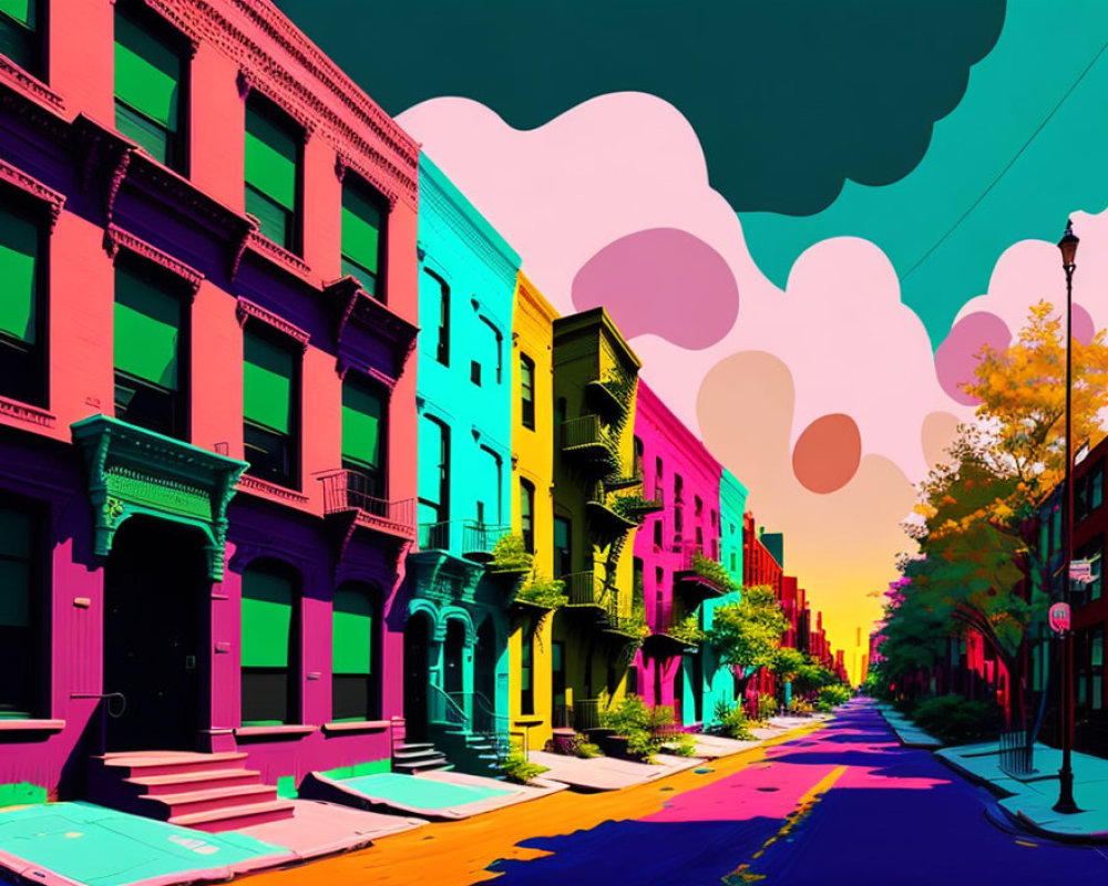 Colorful surreal urban street scene with vibrant townhouses under vivid sky