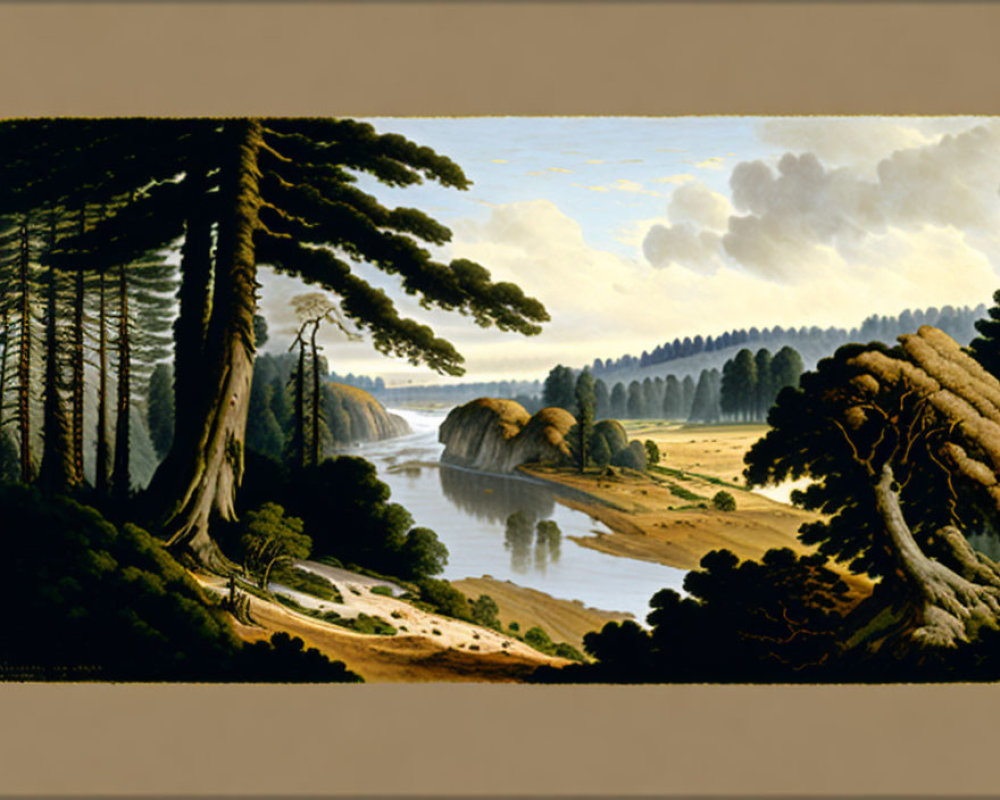 Tranquil landscape painting with trees, river, hills, and serene sky