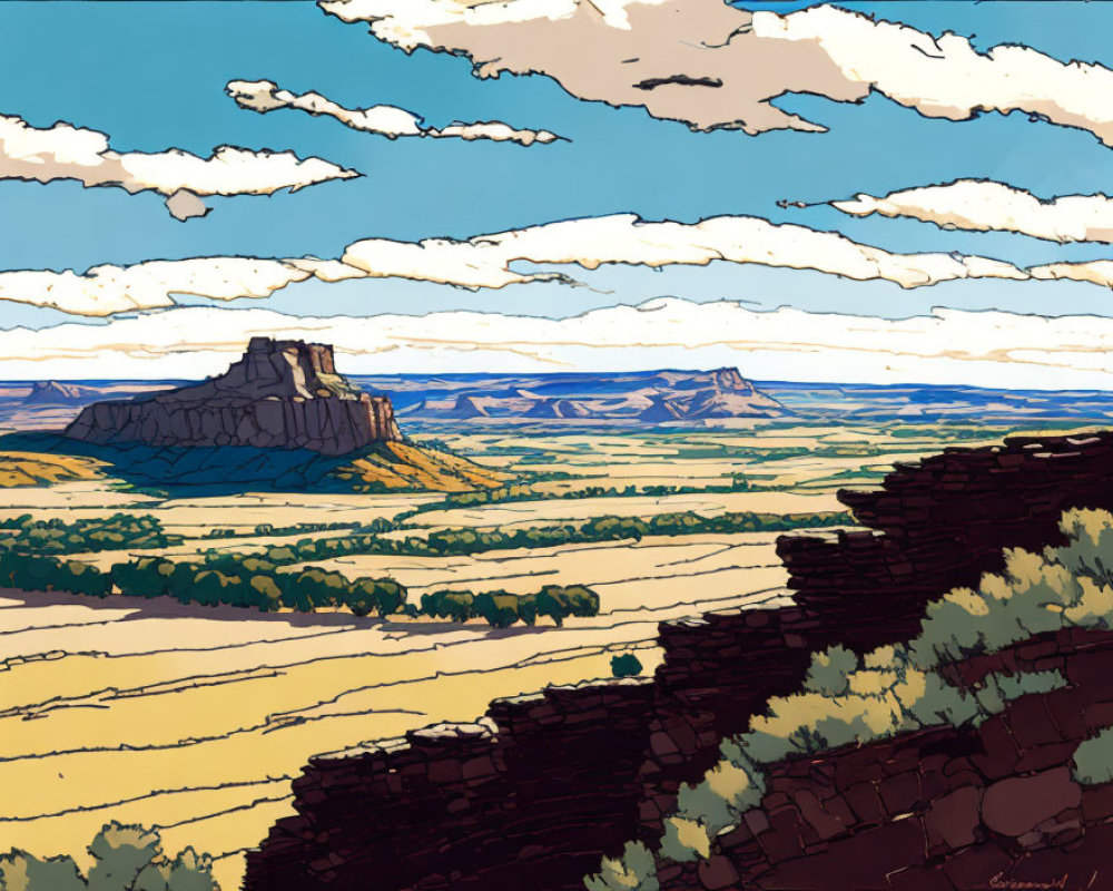 Colorful desert landscape with mesas under blue sky