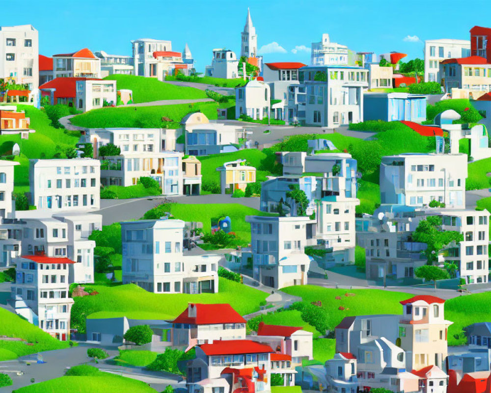 Colorful Illustration of Whimsical Townscape on Green Hills
