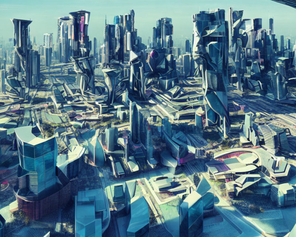 Futuristic cityscape with towering skyscrapers and interwoven roadways