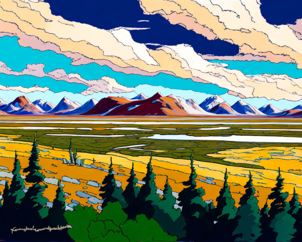 Colorful Landscape Painting: Mountains, Yellow Field, Forest, Dynamic Sky