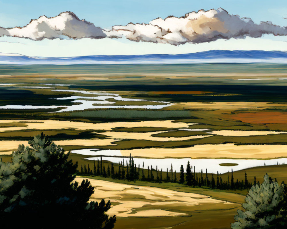Scenic landscape illustration: meandering rivers, golden valley, coniferous trees, mountains, cloudy
